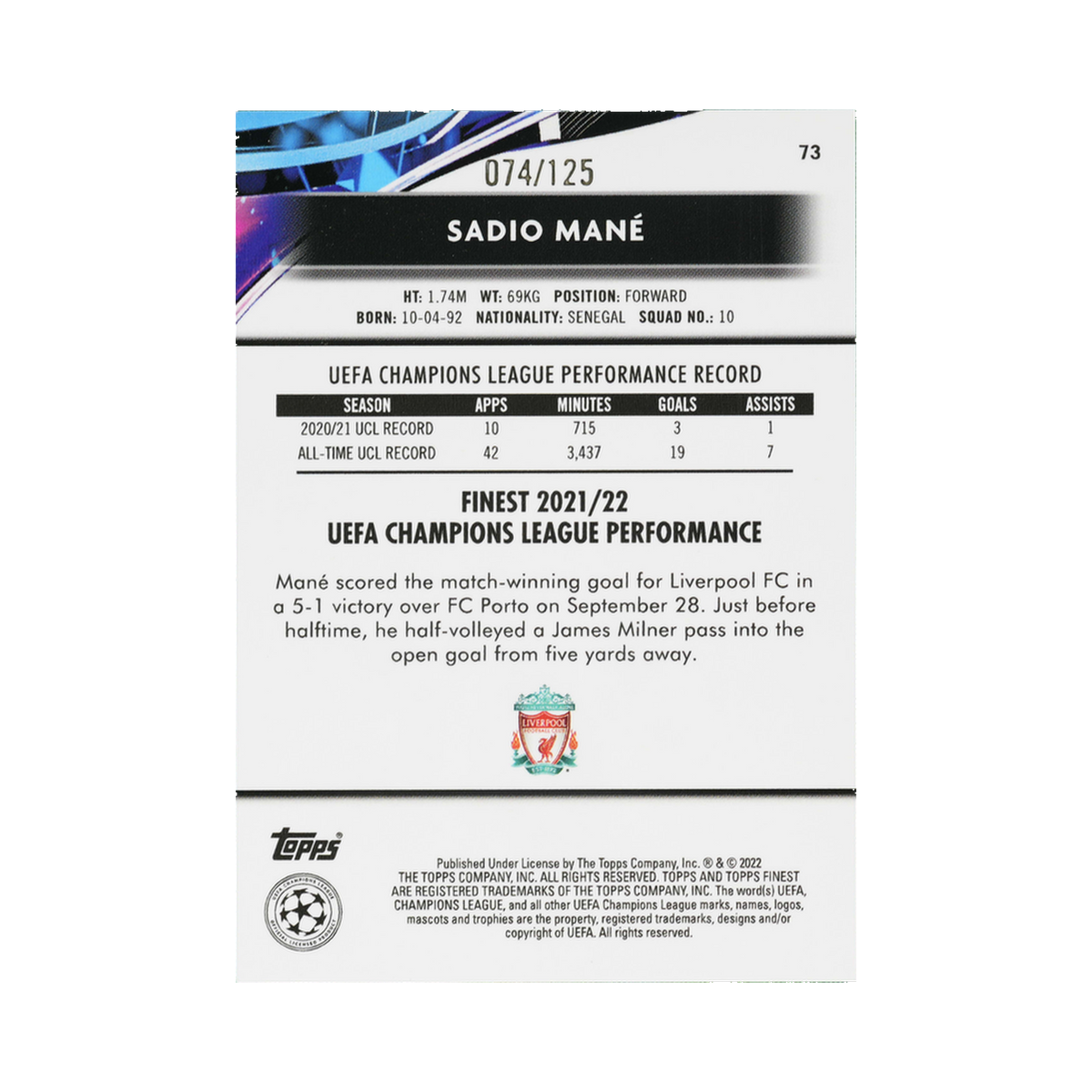 Sadio Mané 2021/22 73 074/125 — back