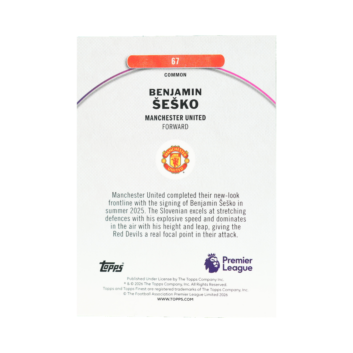 Benjamin Šeško 2026 Topps Finest Premier League #67 128/150 back view