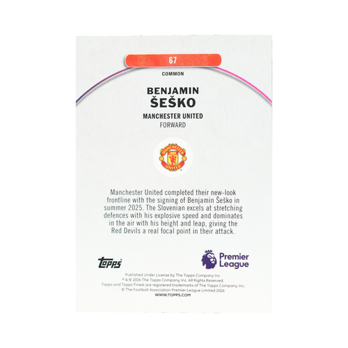 Benjamin Šeško 2026 Topps Finest Premier League #67 128/150 back view