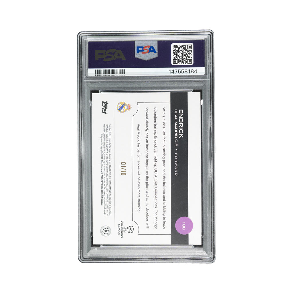 Endrick 2024/25 Topps UEFA Club Competitions #100 Black Icy 01/10 back view PSA 9 slab