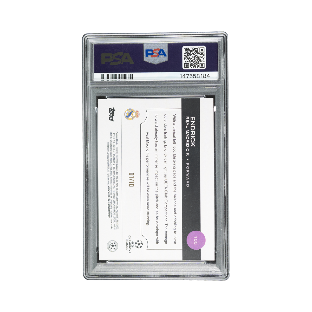 Endrick 2024/25 Topps UEFA Club Competitions #100 Black Icy 01/10 back view PSA 9 slab