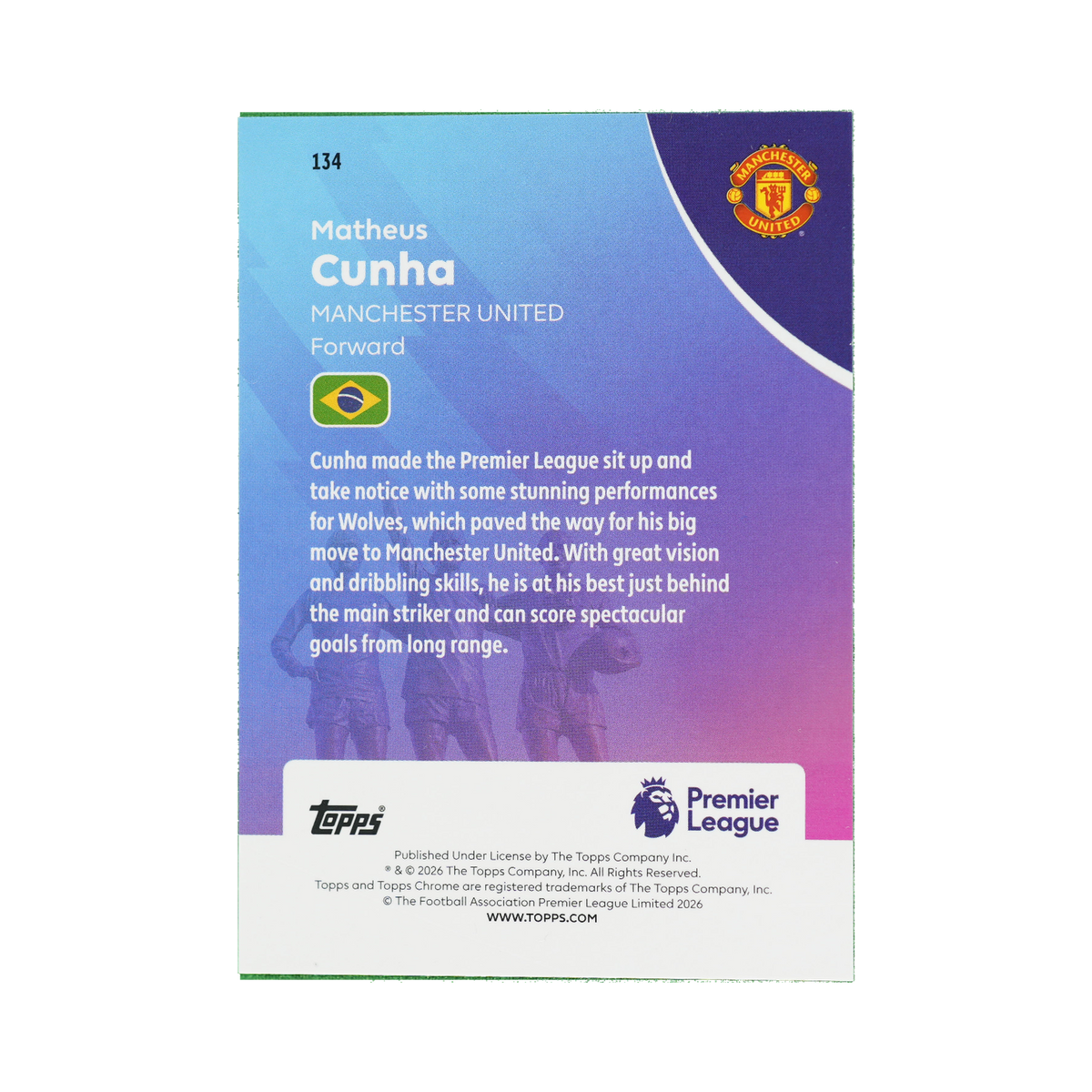 Matheus Cunha 2026 Topps Chrome Premier League #134 036/250 back view