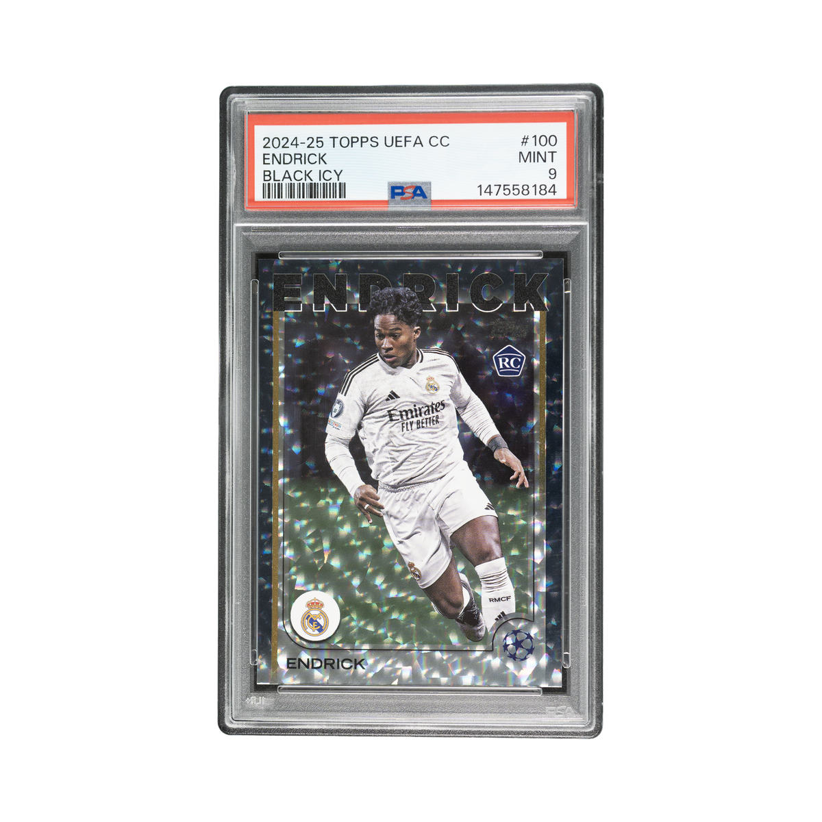 Endrick 2024/25 Topps UEFA Club Competitions #100 Black Icy 01/10 front view PSA 9 slab