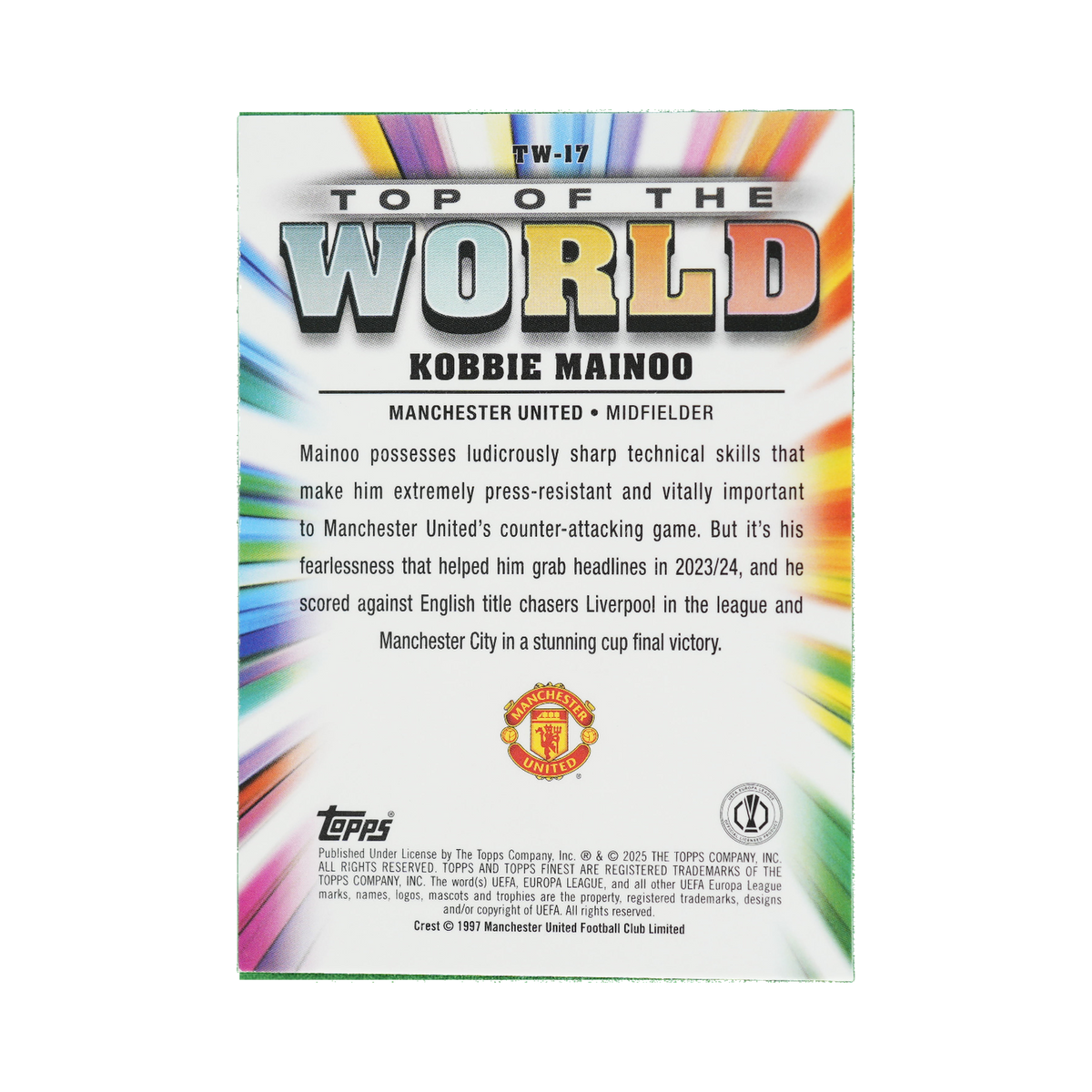 Kobbie Mainoo 2024/25 Topps Finest UEFA Club Competitions #TW-17  back view