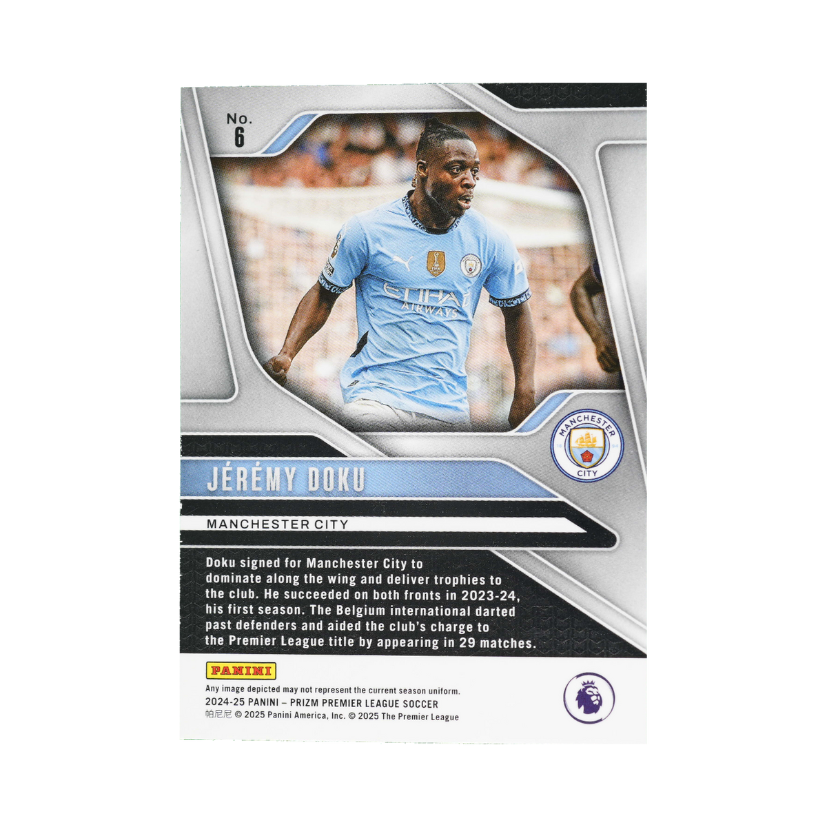 Jérémy Doku 2024/25 Panini Prizm Premier League #6 Standard back view