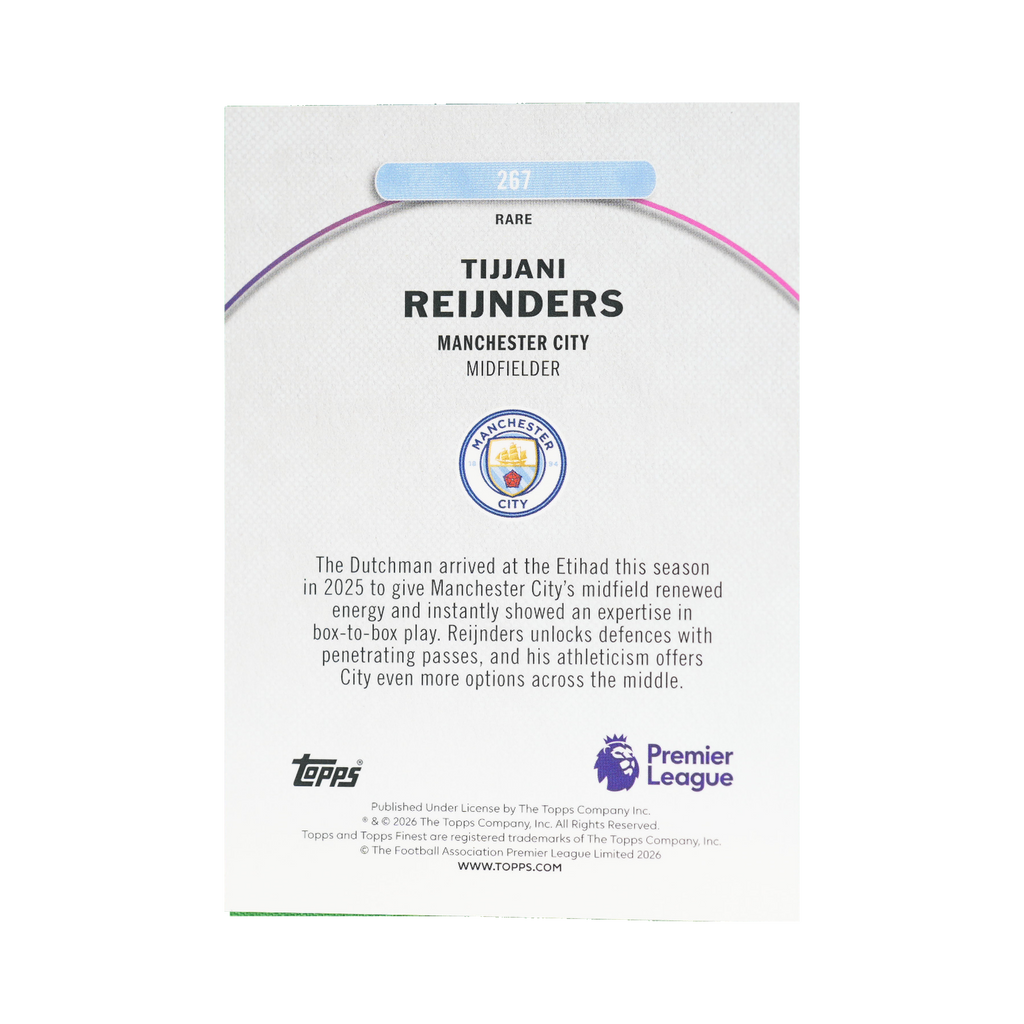 Tijjani Reijnders 2026 Topps Finest Premier League #267 Pearl Checkerboard Refractor 22/30 back view