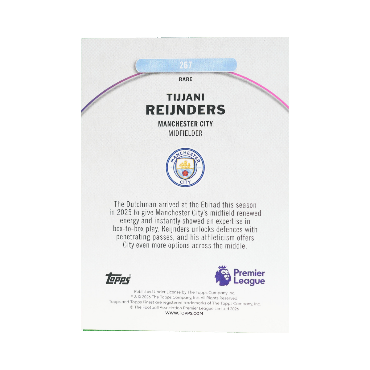 Tijjani Reijnders 2026 Topps Finest Premier League #267 Pearl Checkerboard Refractor 22/30 back view