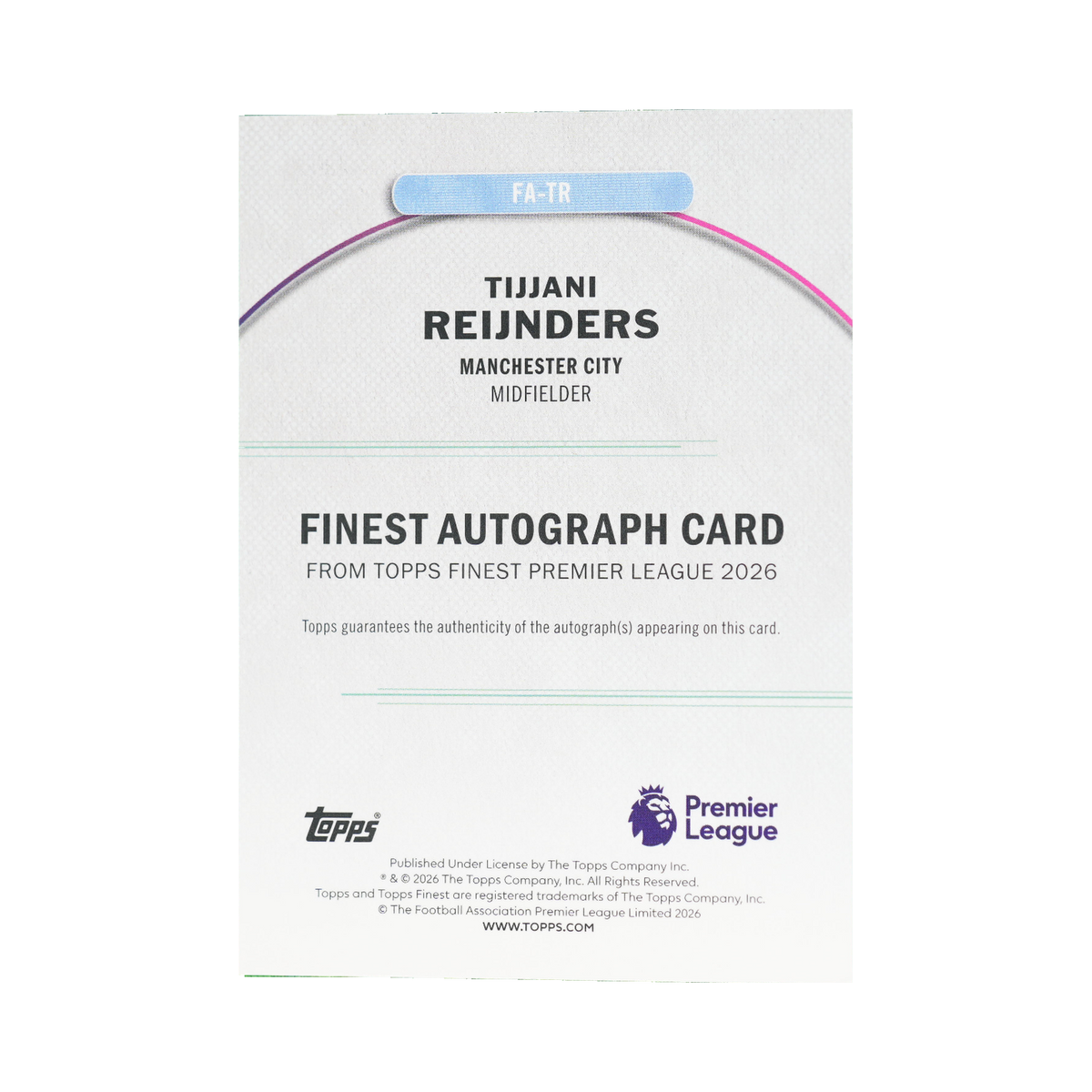 Tijjani Reijnders 2026 Topps Finest Premier League #FA-TR Standard back view