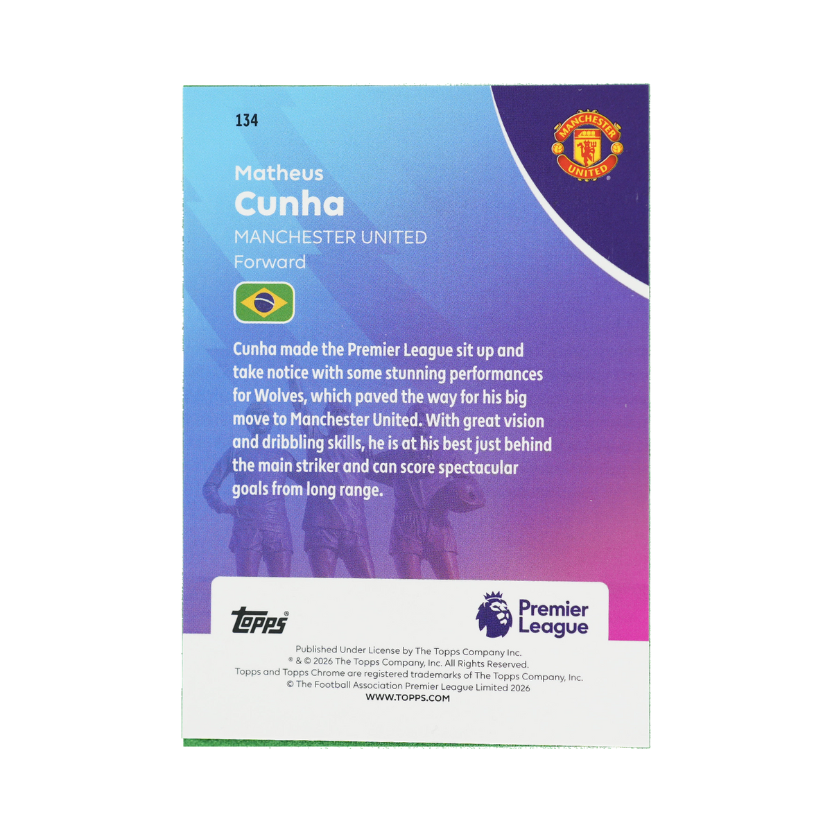 Matheus Cunha 2026 Topps Chrome Premier League #134  back view