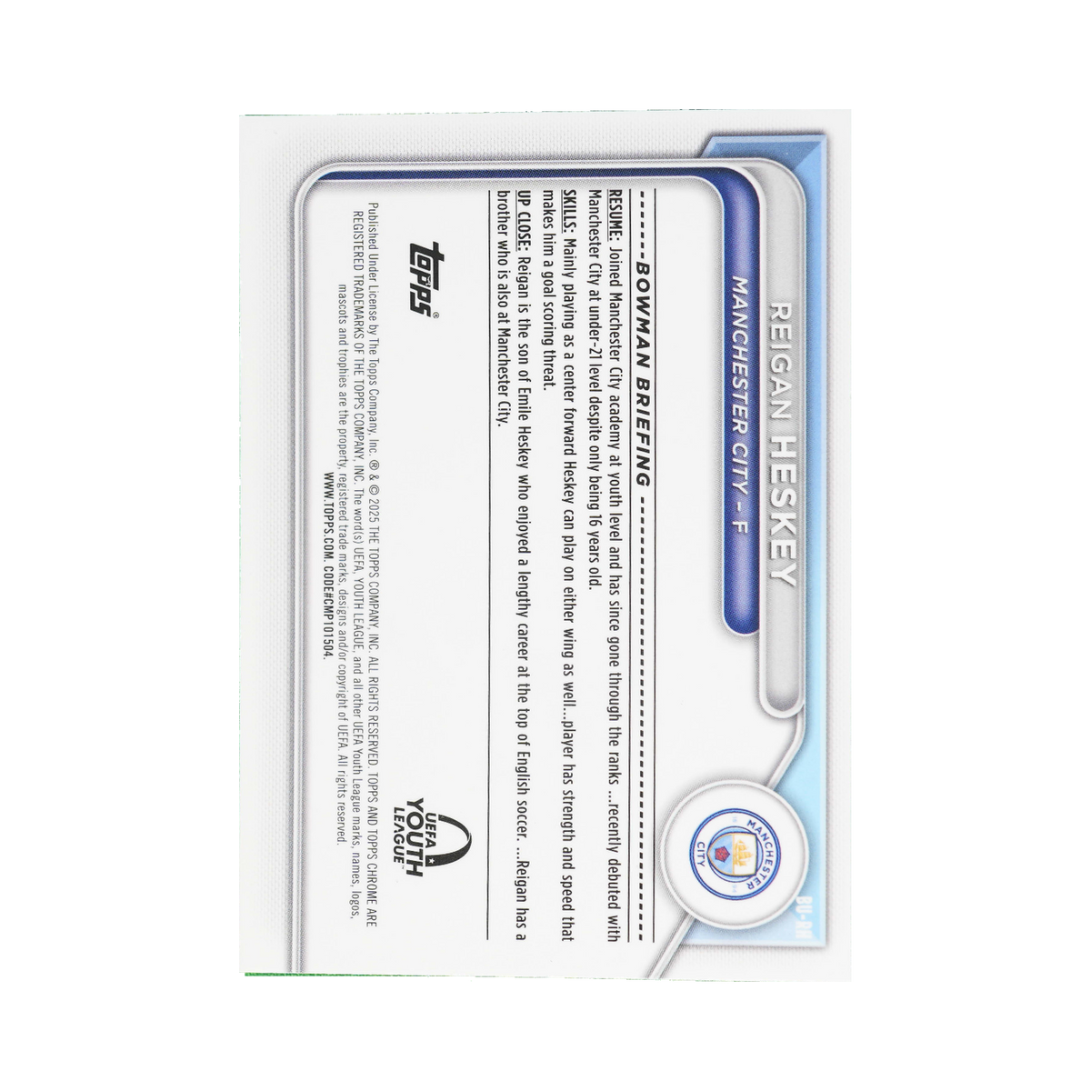 Reigan Heskey 2024/25 Topps Chrome UEFA Club Competitions #BU-RH Standard back view