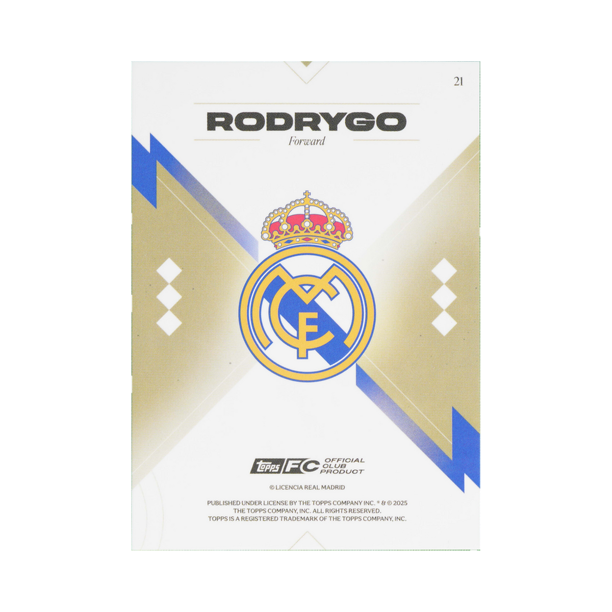 Rodrygo 2025/26 Topps Los Blancos Real Madrid #21 Gold 18/50 back view