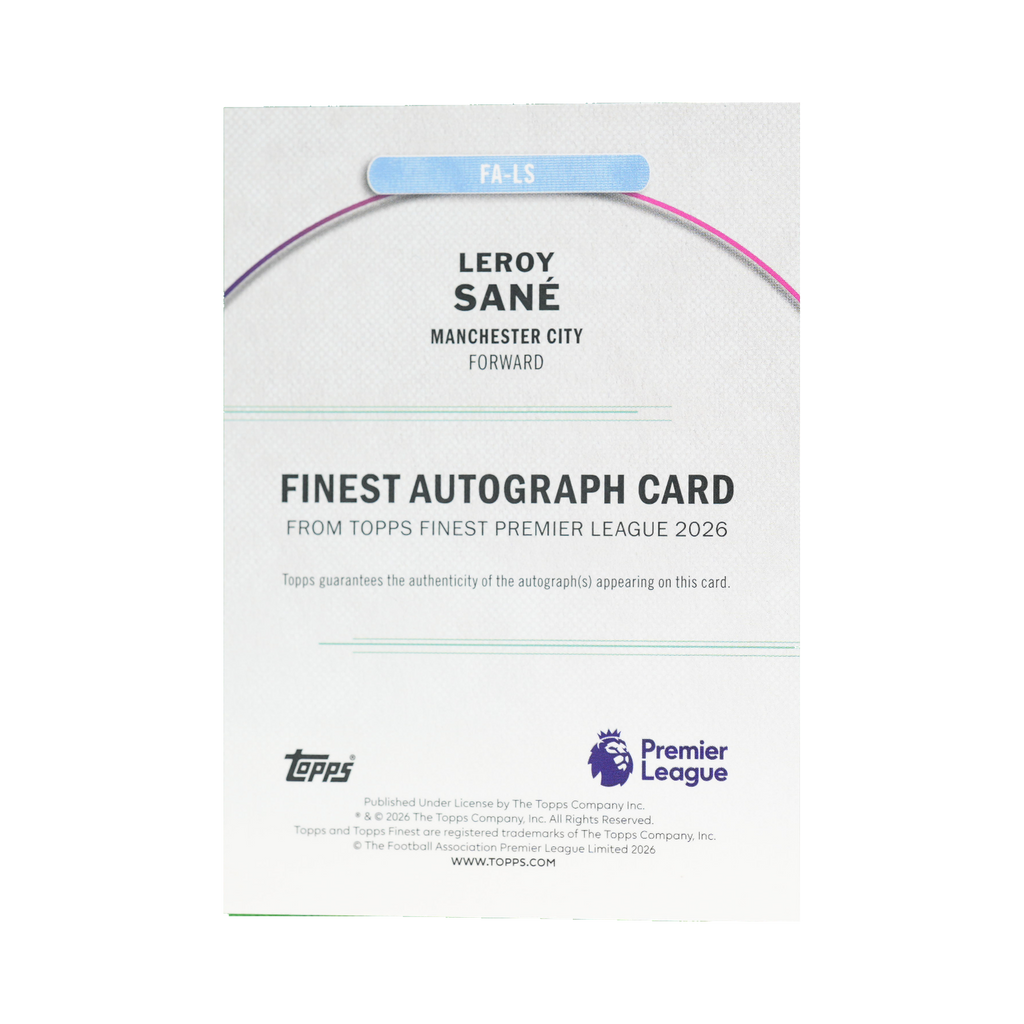 Leroy Sané 2026 Topps Finest Premier League #FA-LS Purple Refractor 076/125 back view