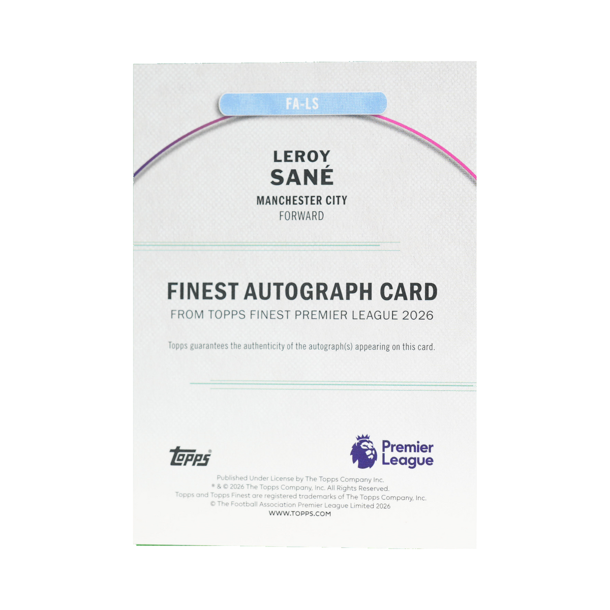 Leroy Sané 2026 Topps Finest Premier League #FA-LS Purple Refractor 076/125 back view