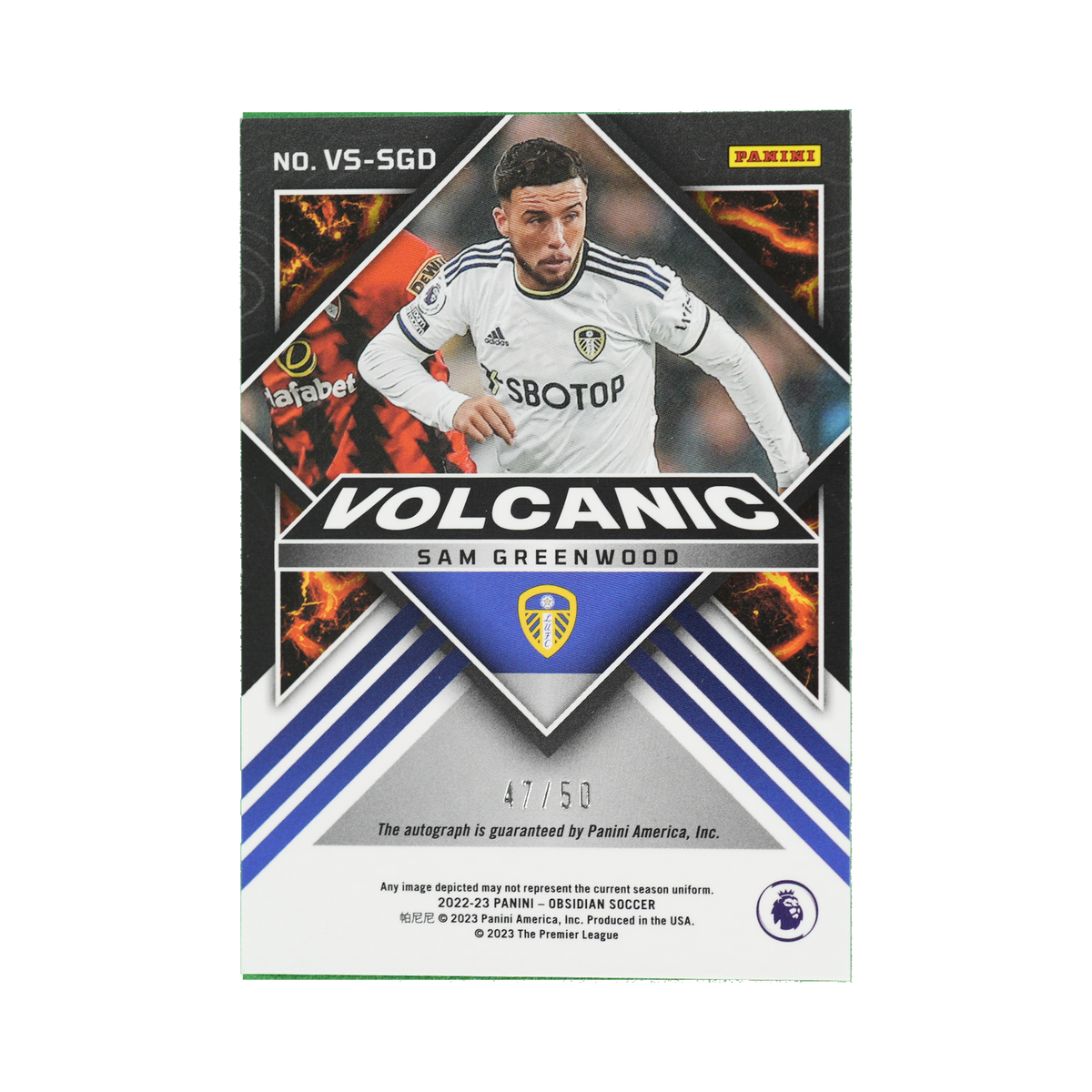 Sam Greenwood 2022/23 Panini Obsidian Soccer #VS-SGD 47/50 back view