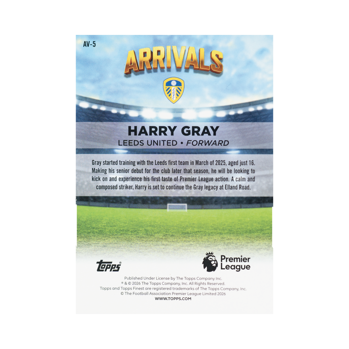 Harry Gray 2026 Topps Finest Premier League #AV-5  back view