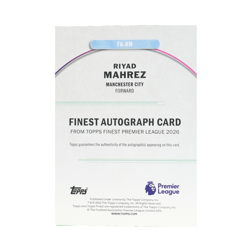 Riyad Mahrez 2026 Topps Finest Premier League #FA-RM Purple Refractor 059/125 back view