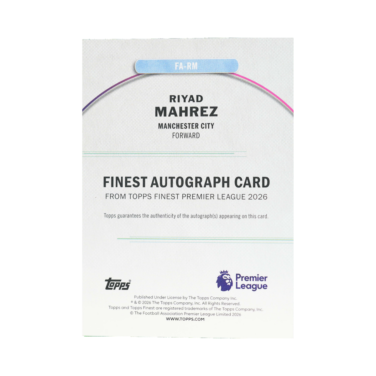 Riyad Mahrez 2026 Topps Finest Premier League #FA-RM Purple Refractor 059/125 back view