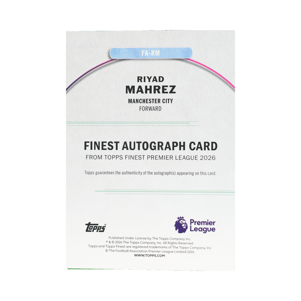 Riyad Mahrez 2026 Topps Finest Premier League #FA-RM Sky Blue Refractor 057/150 back view