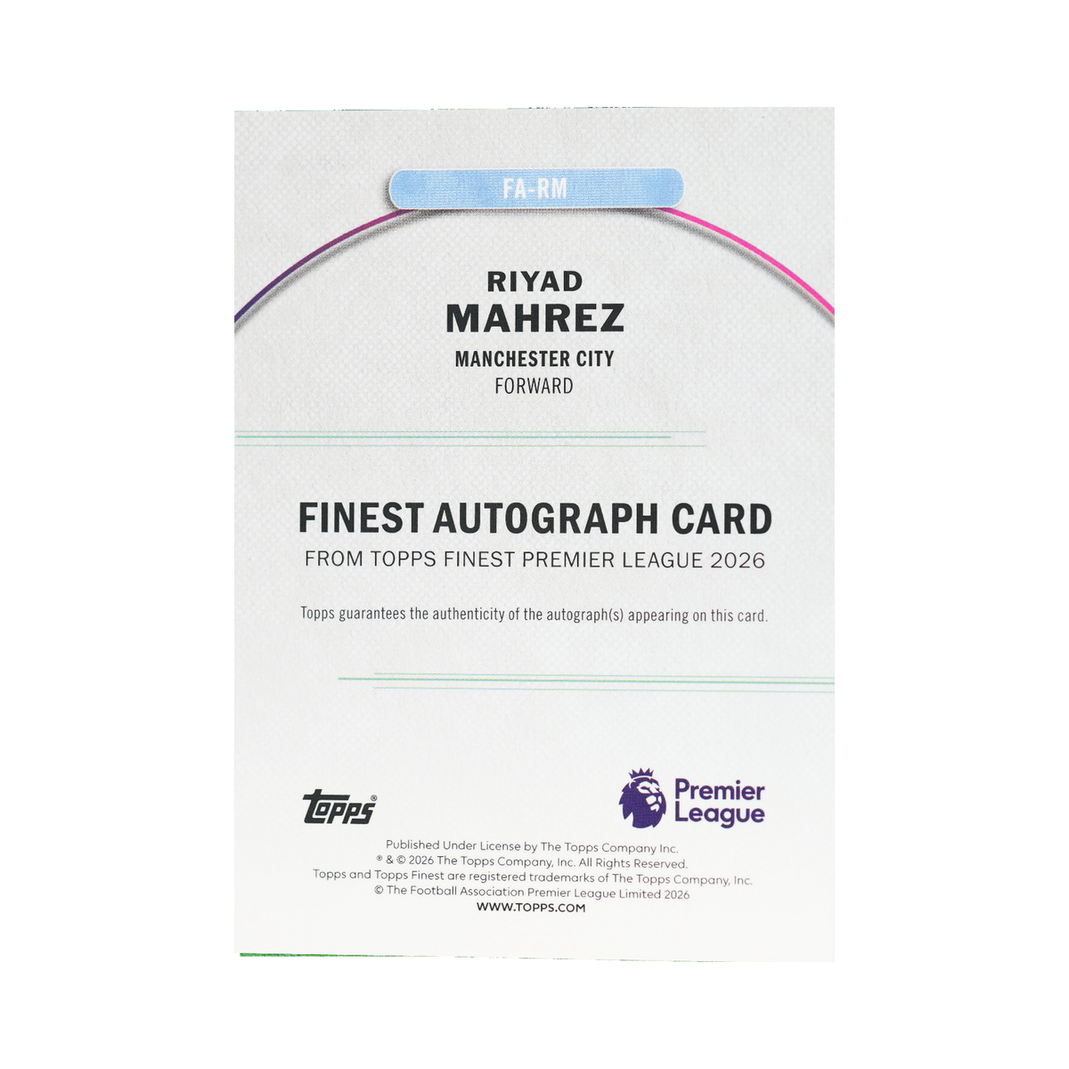 Riyad Mahrez 2026 Topps Finest Premier League #FA-RM Sky Blue Refractor 057/150 back view