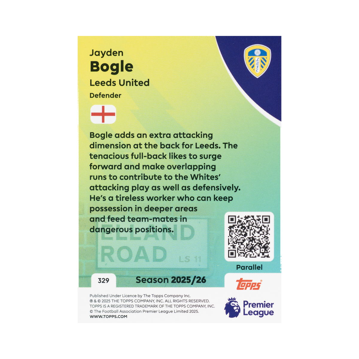 Jayden Bogle 2025/26 Topps Premier League #329 061/499 back view