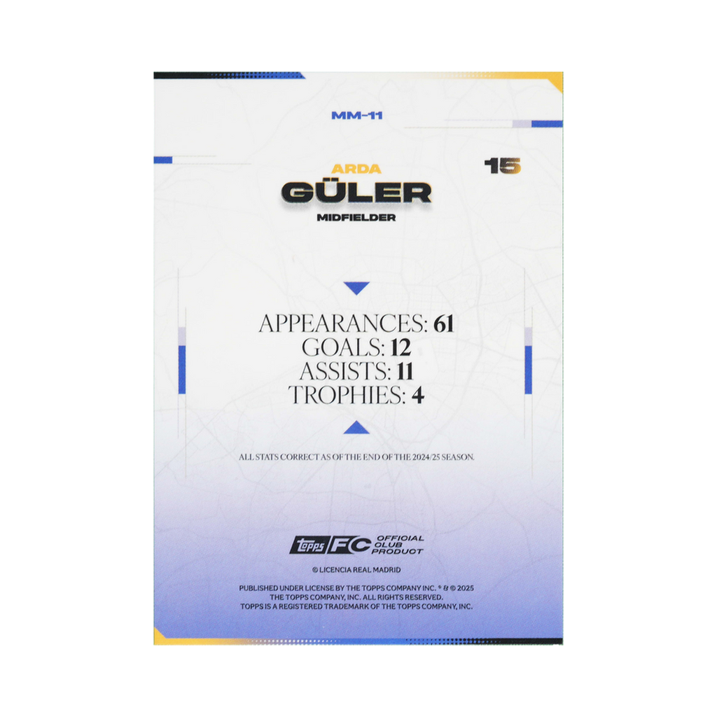 Arda Güler 2025/26 Topps Los Blancos Real Madrid #MM-11 Standard back view