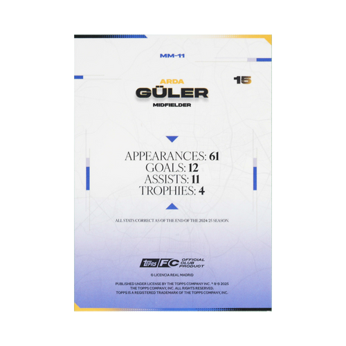 Arda Güler 2025/26 Topps Los Blancos Real Madrid #MM-11 Standard back view