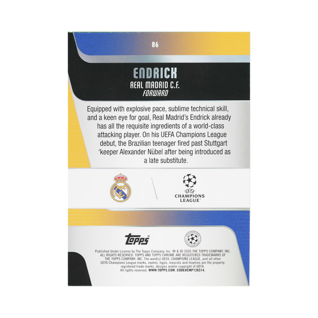 Endrick 2025/26 Topps Chrome UEFA Club Competitions #86 Standard back view