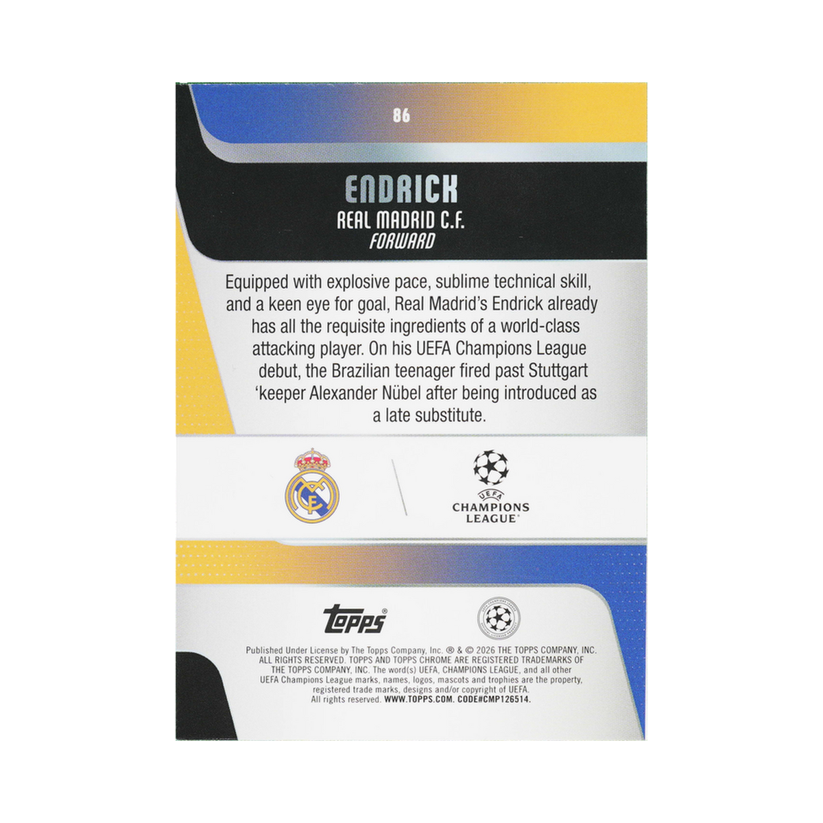 Endrick 2025/26 Topps Chrome UEFA Club Competitions #86 Standard back view