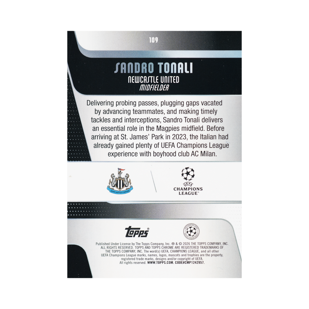 Sandro Tonali 2025/26 Topps Chrome UEFA Club Competitions #109 049/199 back view
