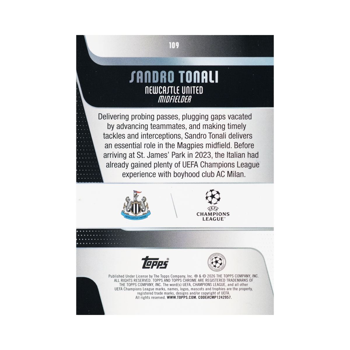 Sandro Tonali 2025/26 Topps Chrome UEFA Club Competitions #109 049/199 back view