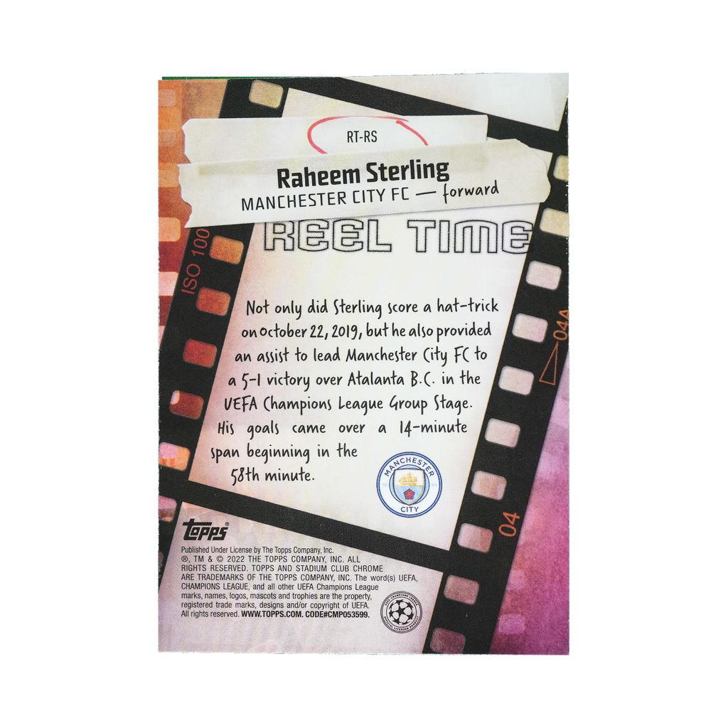 Raheem Sterling 2021/22 Topps Stadium Club Chrome UEFA Champions League #RT-RS Standard back view