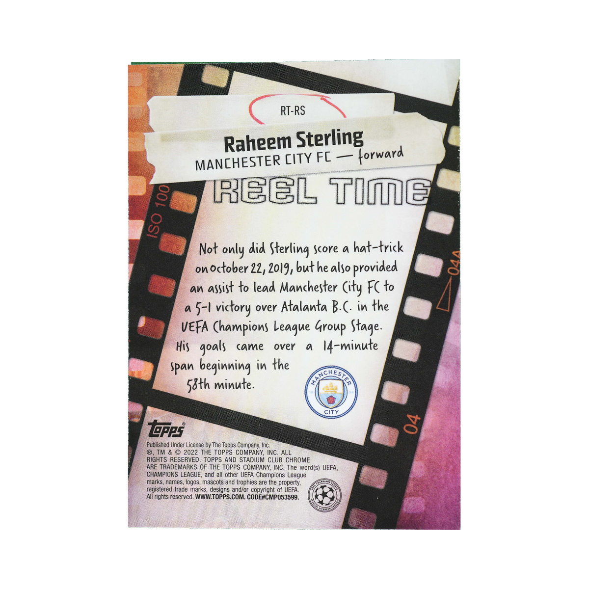 Raheem Sterling 2021/22 Topps Stadium Club Chrome UEFA Champions League #RT-RS Standard back view