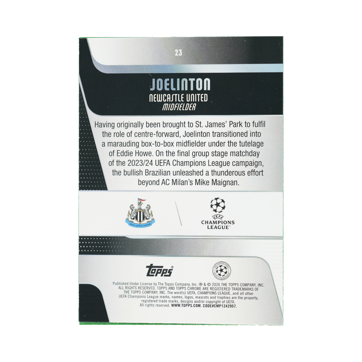 Joelinton 2025/26 Topps Chrome UEFA Club Competitions #23 129/150 back view