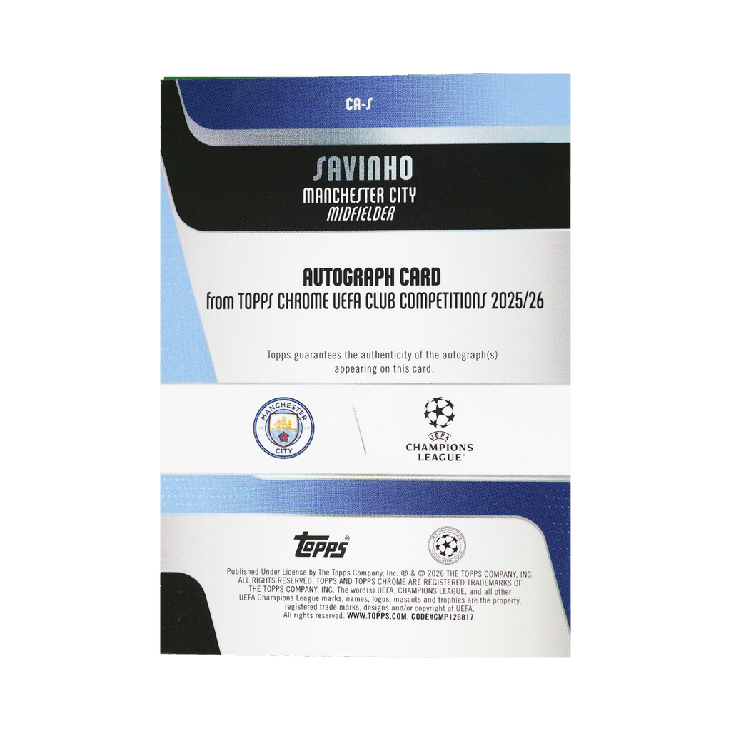 Savinho 2025/26 Topps Chrome UEFA Club Competitions #CA-S Gold Refractor 44/50 back view