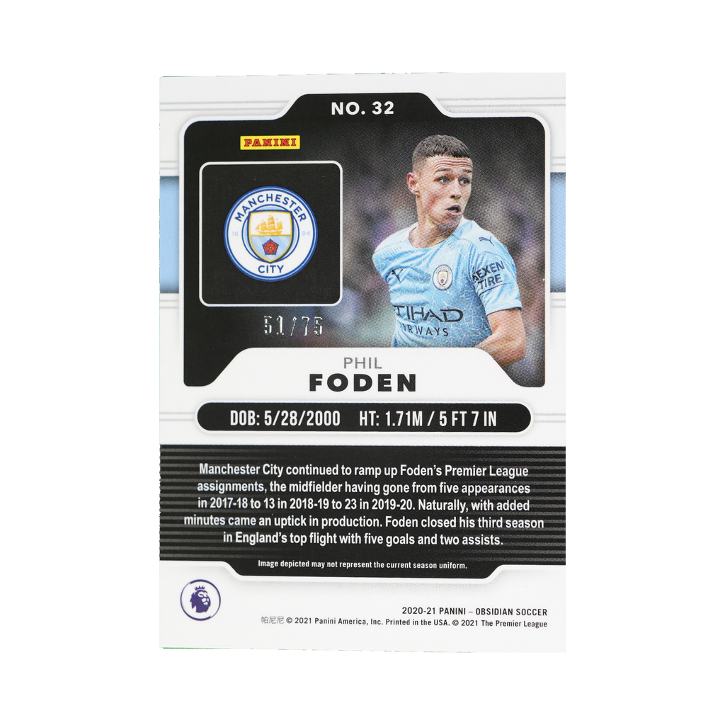 Phil Foden 2020/21 Panini Obsidian Soccer #32 Electric Etch Purple 51/75 back view