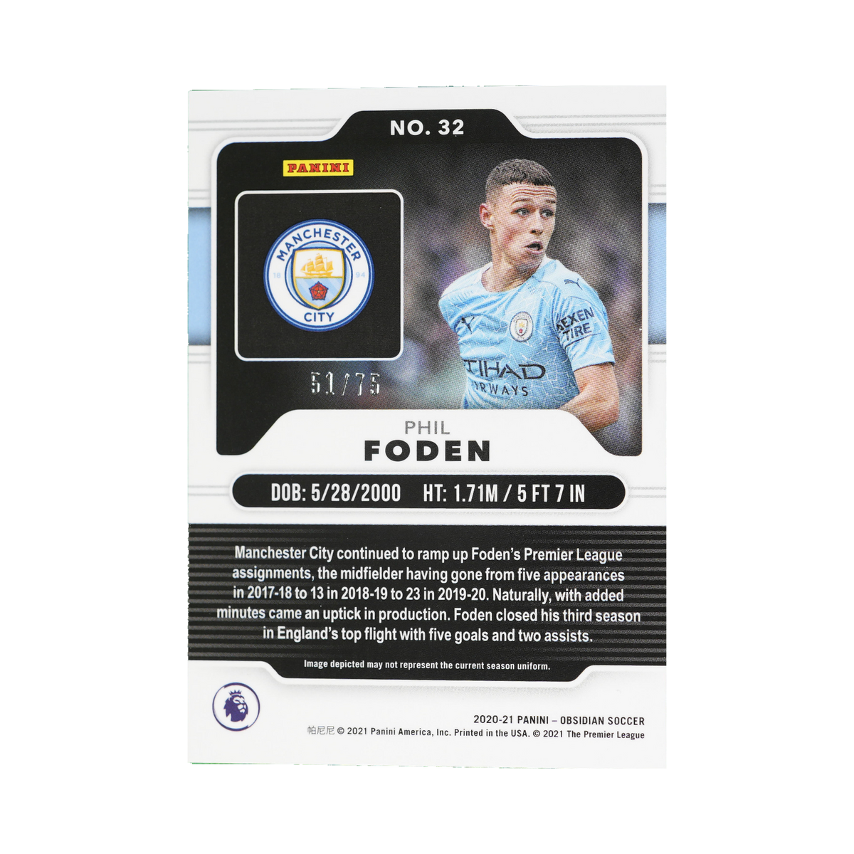 Phil Foden 2020/21 Panini Obsidian Soccer #32 Electric Etch Purple 51/75 back view