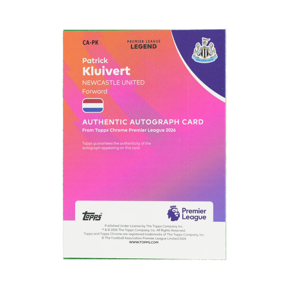 Patrick Kluivert 2026 Topps Chrome Premier League #CA-PK 10/50 back view