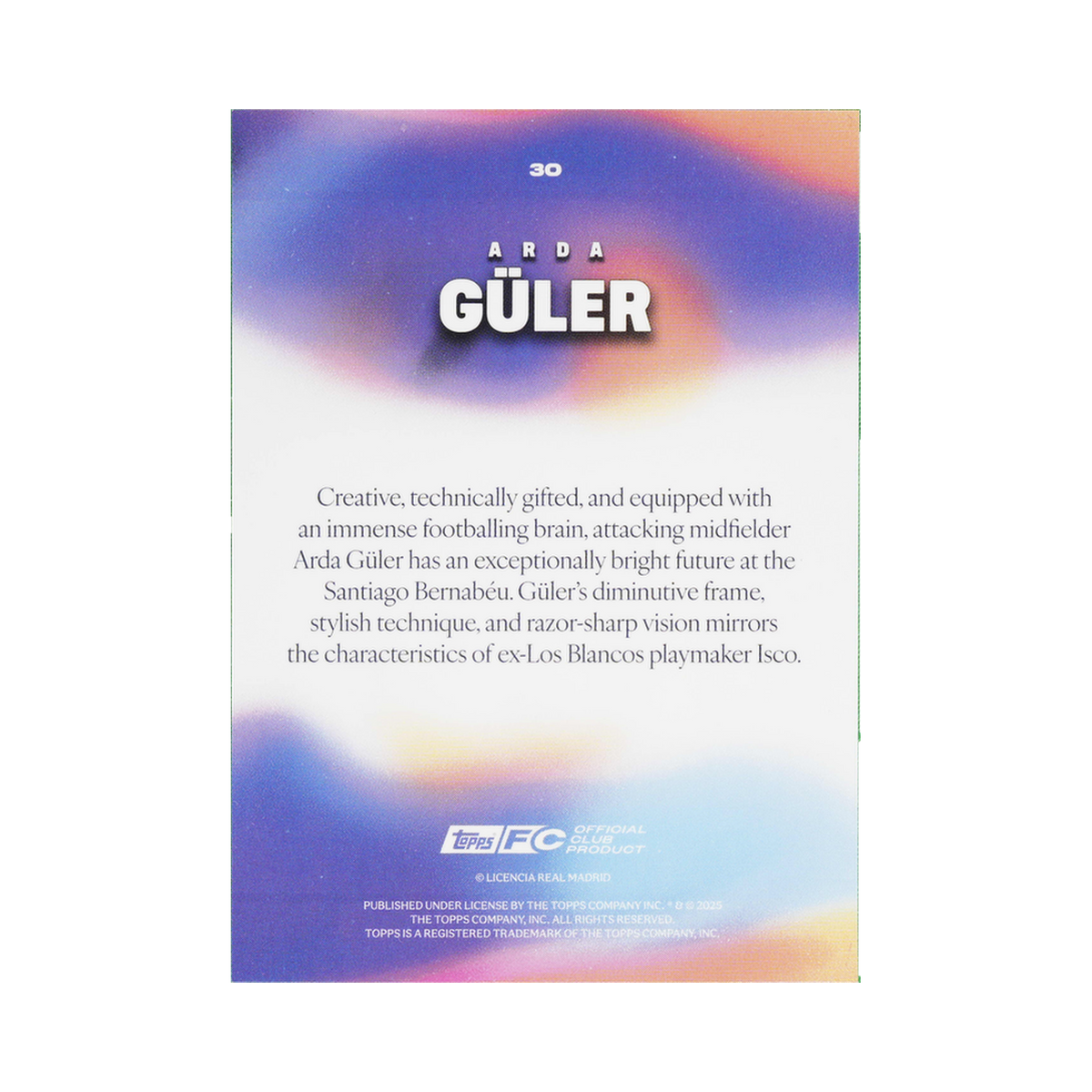 Arda Güler 2025/26 Topps Los Blancos Real Madrid #30 Standard back view