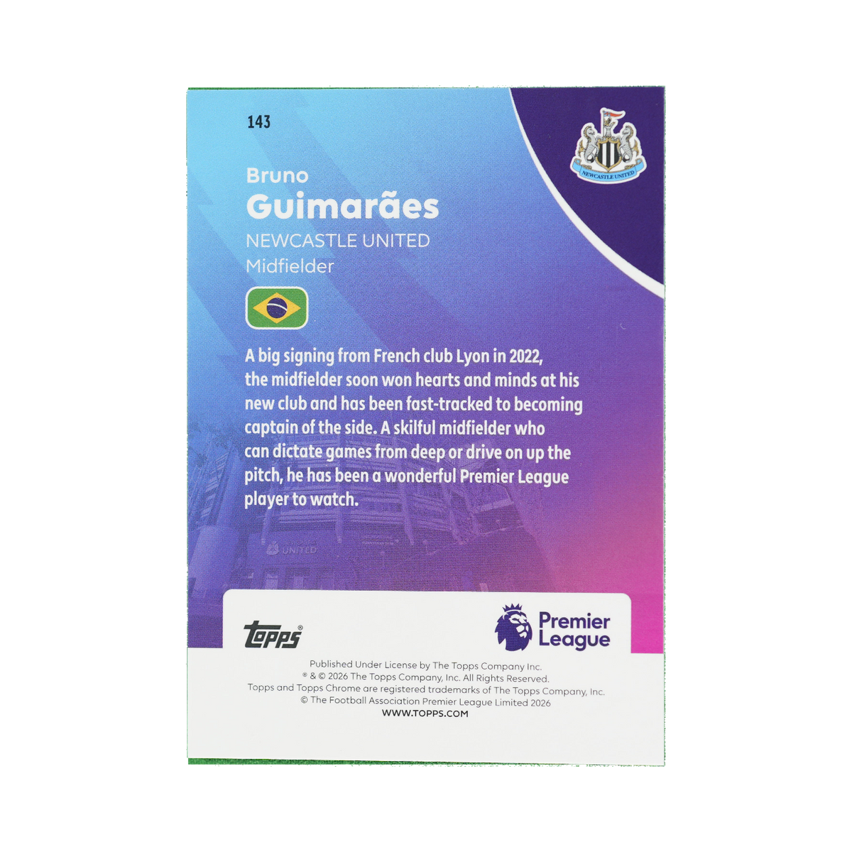 Bruno Guimarães 2026 Topps Chrome Premier League #143  back view