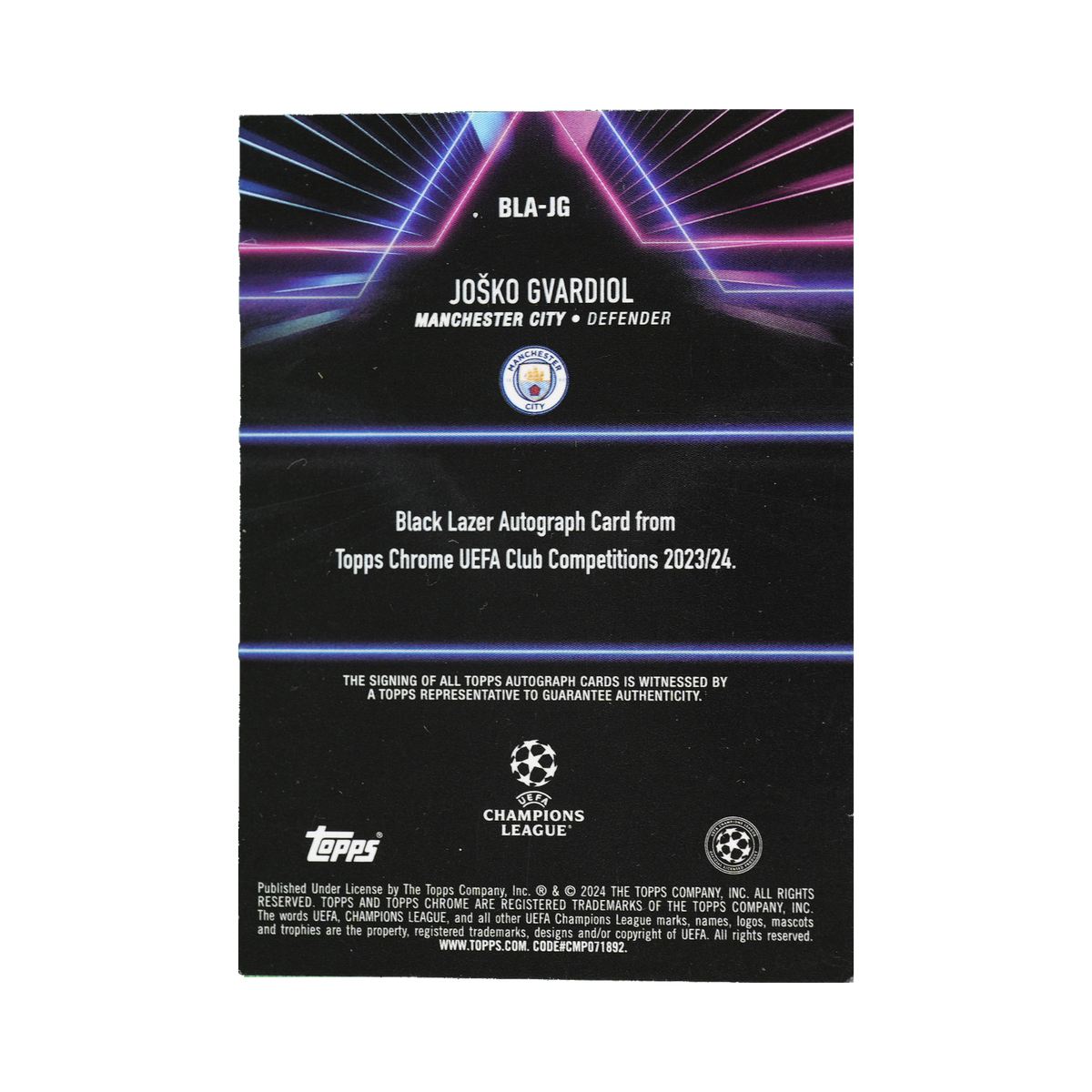 Joško Gvardiol 2023/24 Topps Chrome UEFA Club Competitions #BLA-JG Standard back view