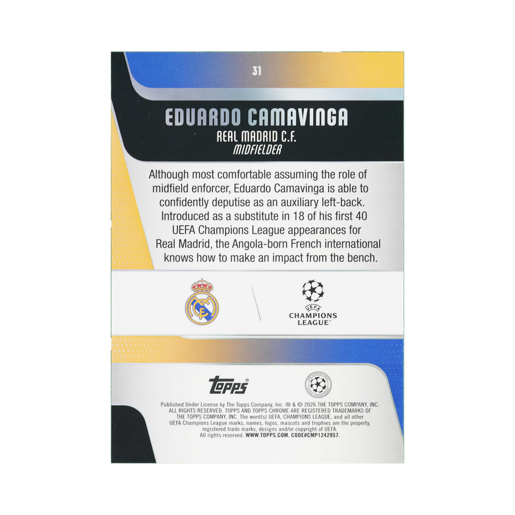 Eduardo Camavinga 2025/26 Topps Chrome UEFA Club Competitions #31 Negative back view