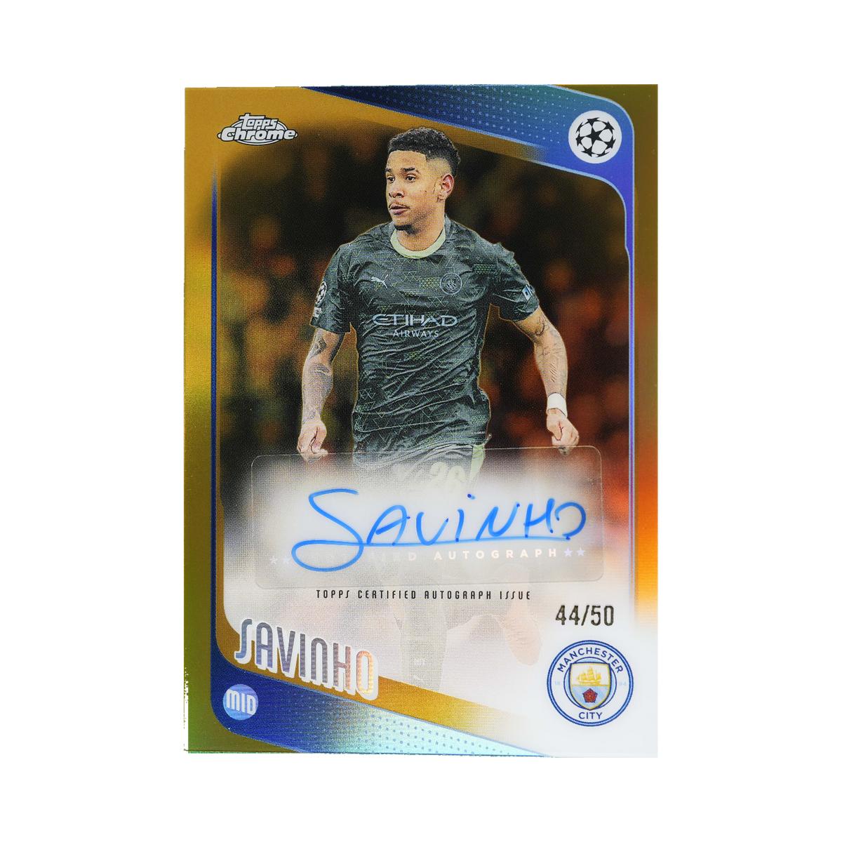 Savinho 2025/26 Topps Chrome UEFA Club Competitions #CA-S Gold Refractor 44/50 front view