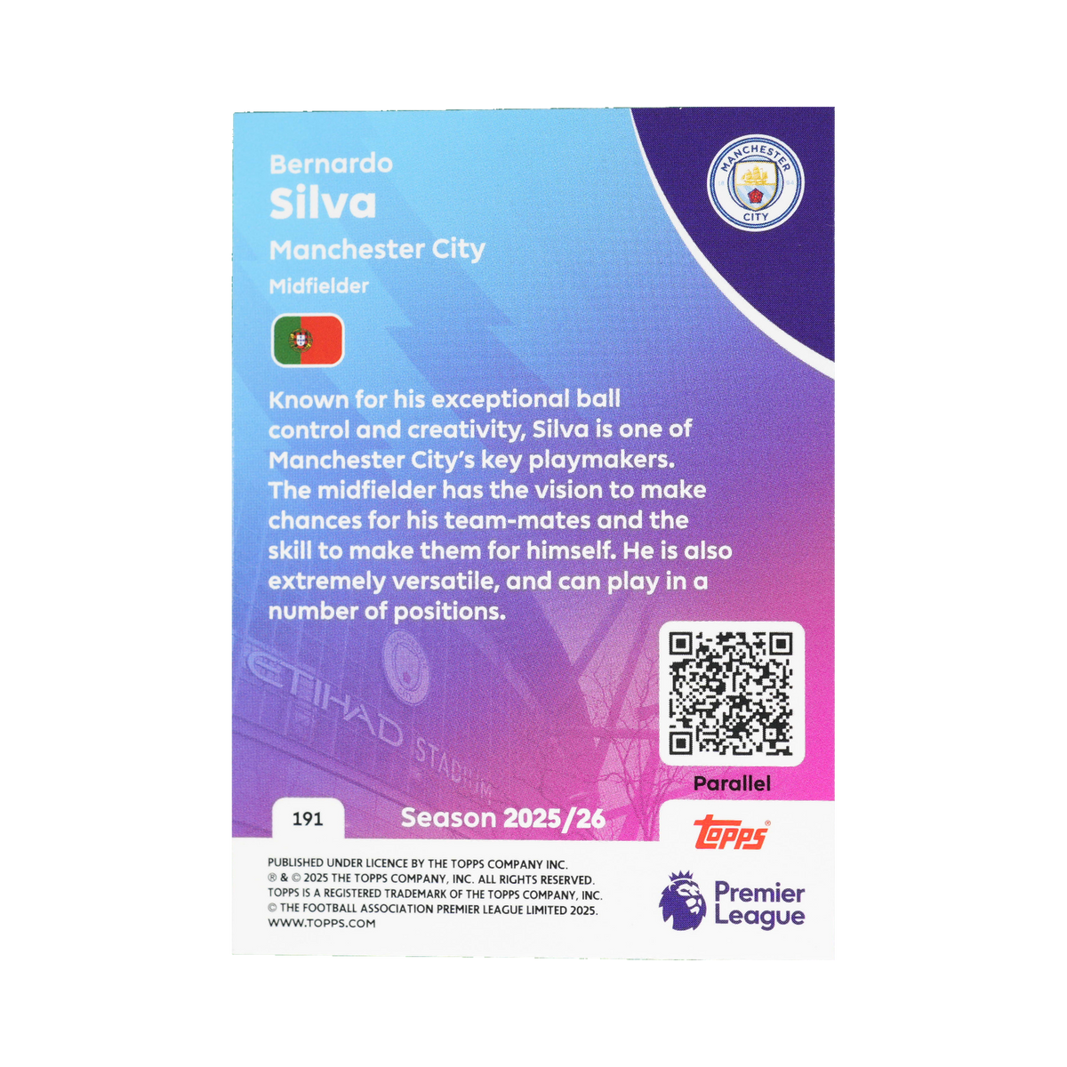 Bernardo Silva 2025/26 Topps Premier League #191 Pink Sparkle 003/399 back view