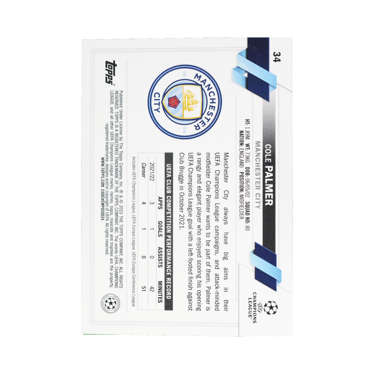 Cole Palmer 2022/23 Topps UEFA Club Competitions #34 Standard back view
