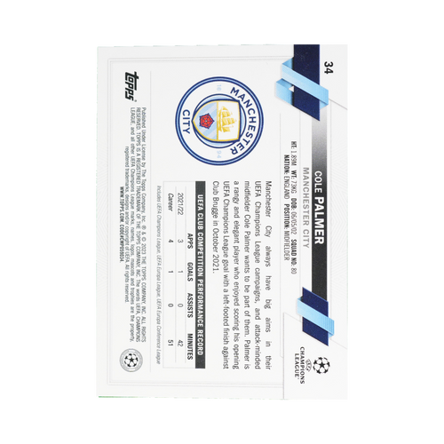 Cole Palmer 2022/23 Topps UEFA Club Competitions #34 Standard back view