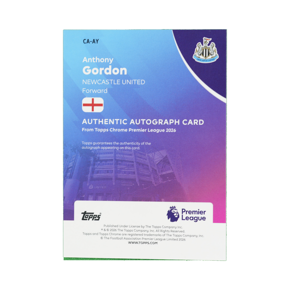 Anthony Gordon 2026 Topps Chrome Premier League #CA-AY  back view