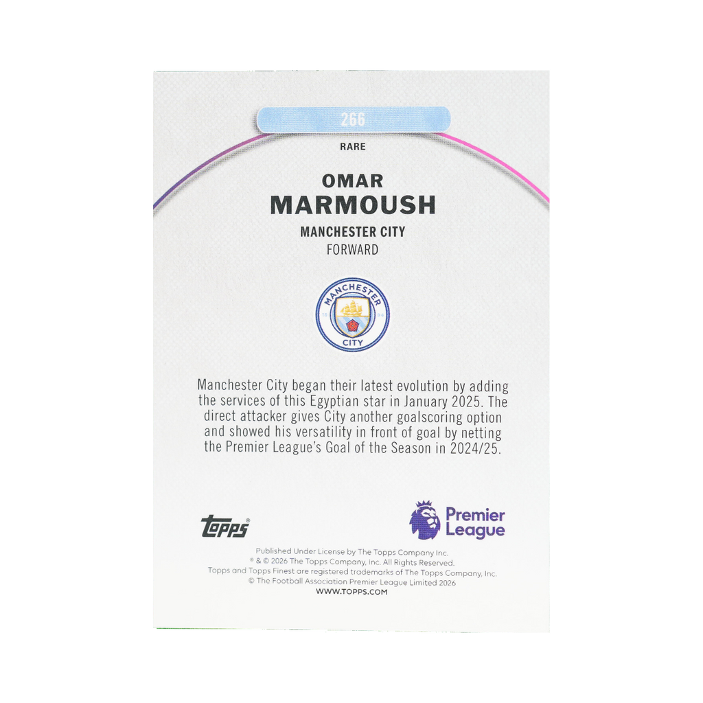 Omar Marmoush 2026 Topps Finest Premier League #266 Gold Refractor 14/20 back view