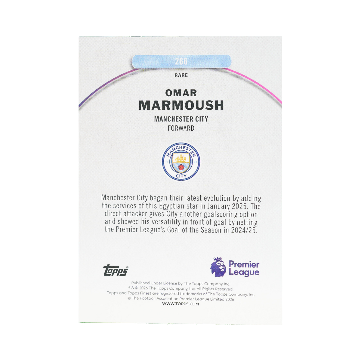 Omar Marmoush 2026 Topps Finest Premier League #266 Gold Refractor 14/20 back view