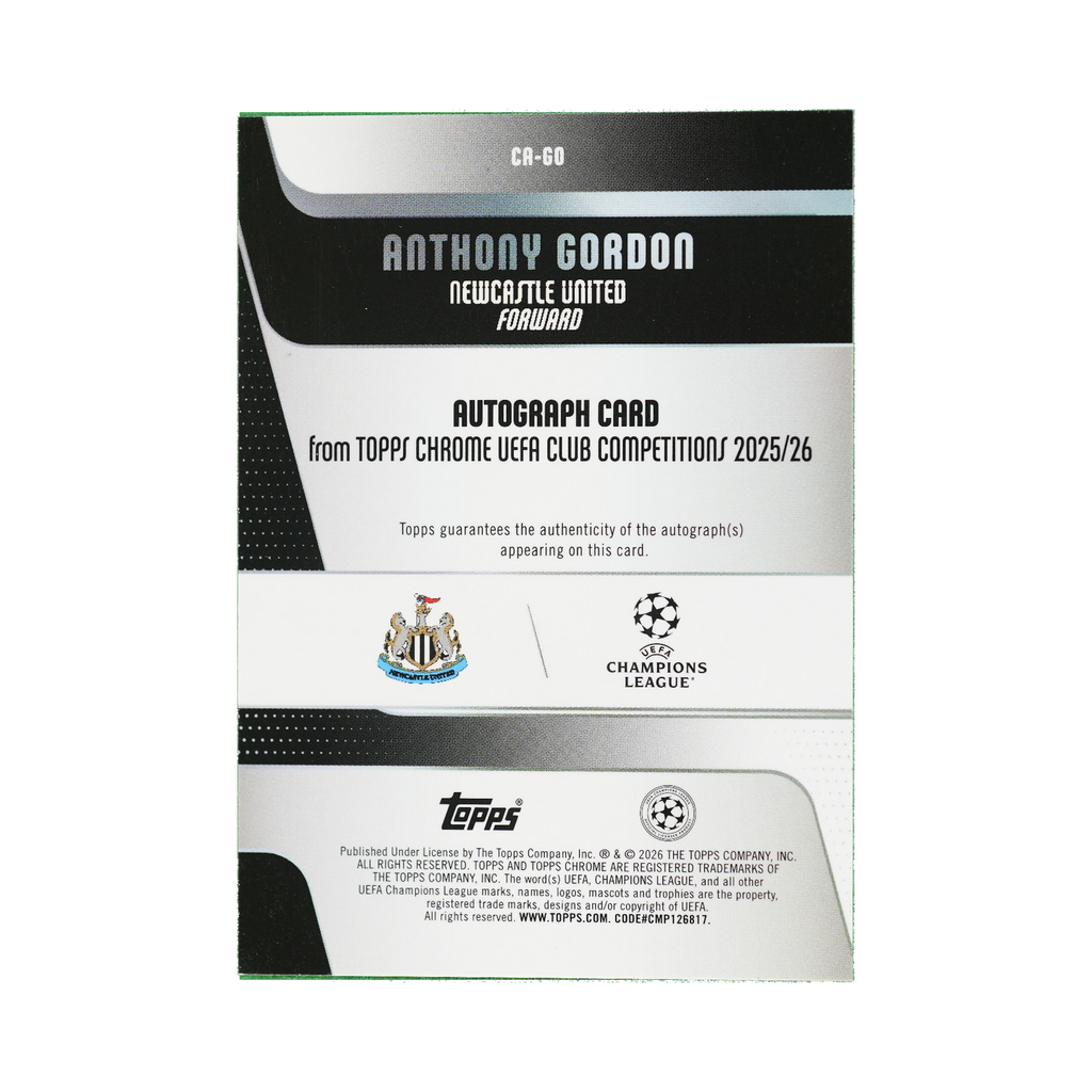 Anthony Gordon 2025/26 Topps Chrome UEFA Club Competitions #CA-GO 1/5 back view