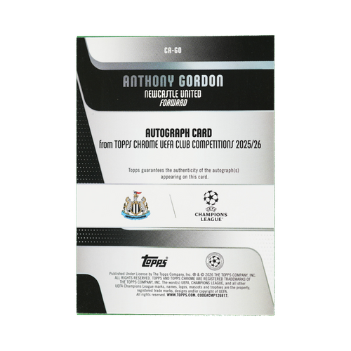 Anthony Gordon 2025/26 Topps Chrome UEFA Club Competitions #CA-GO 1/5 back view